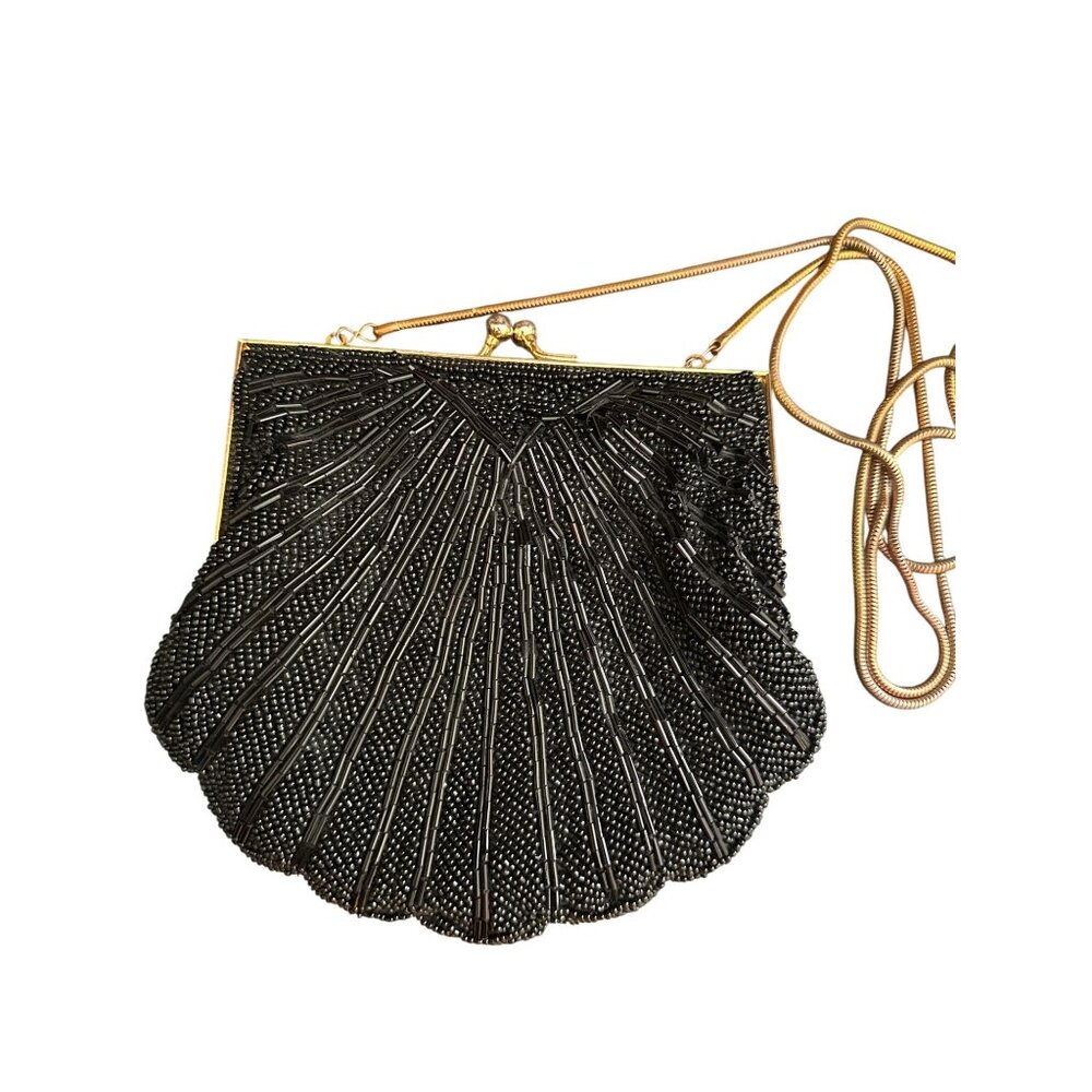 Carolyne Barton Black Beaded Clutch Purse With Gold Chain Strap & Clasp Closure